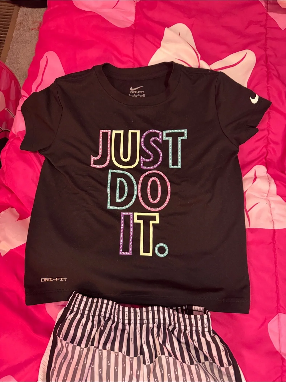 Nike Black 'Just Do It.' Tee with Striped Athletic Shorts - Picture 2 of 3